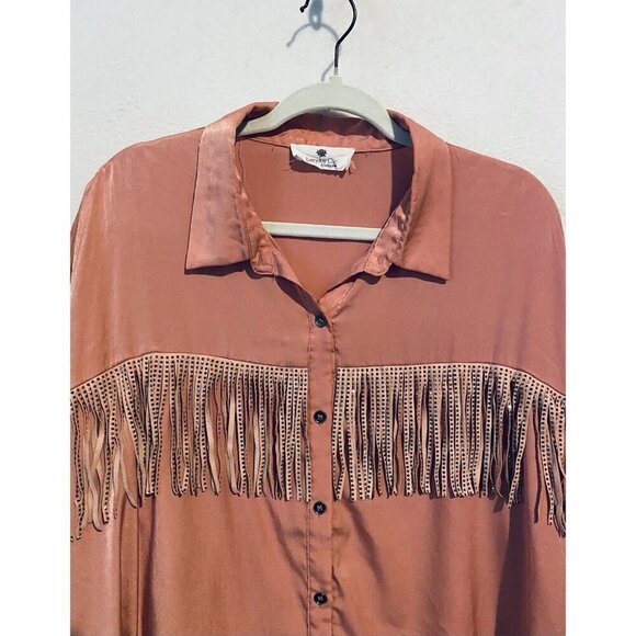Everyday Chic Boutique Top Womens 1X Pink Beaded Fringe Button Up Western Boho - Picture 2 of 6